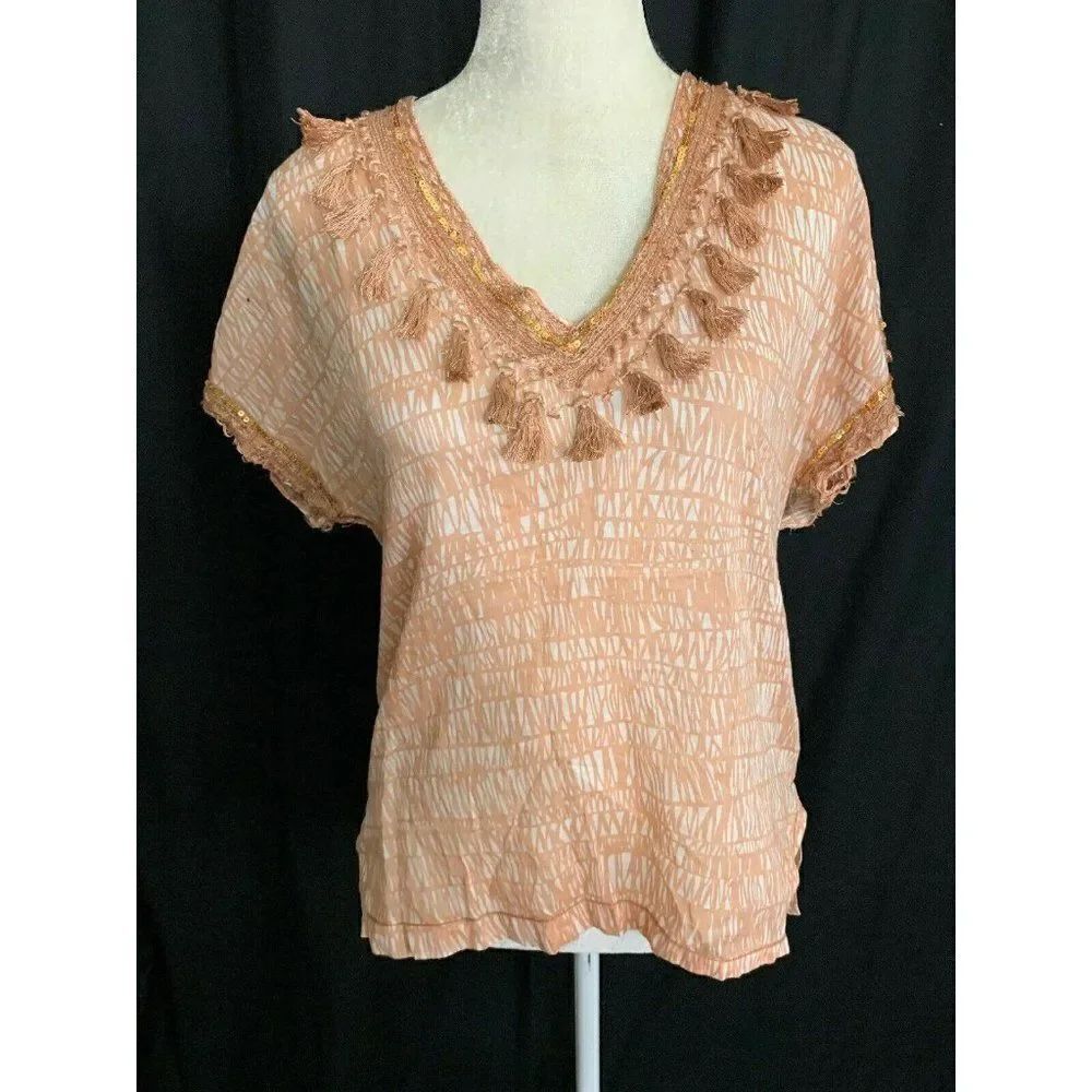 J Crew Peach V Neck Tassel Short sleeve top